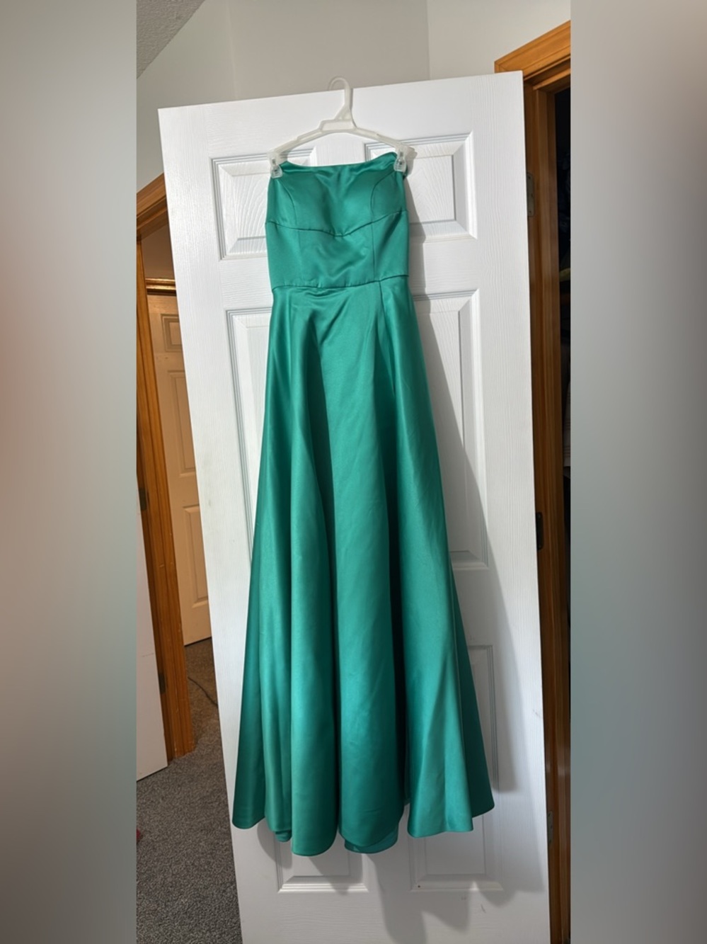 Strapless Teal Satin Prom Gown